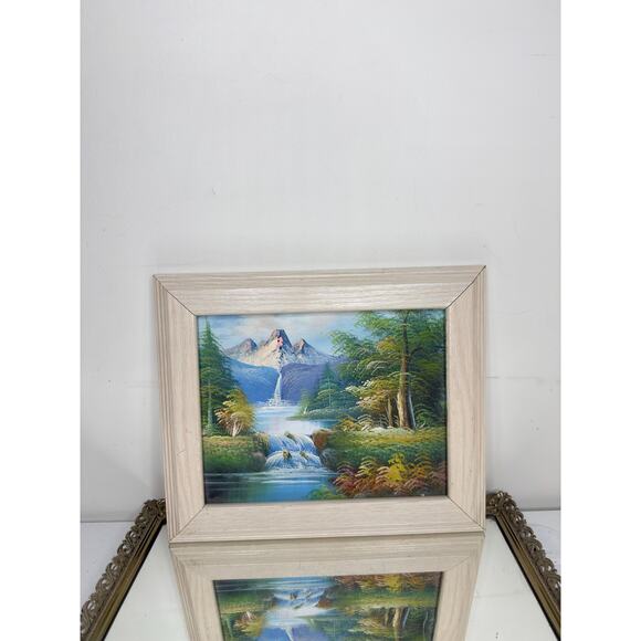 Vintage Wood framed oil painting on canvas with mountains, water falls, - Picture 9 of 9